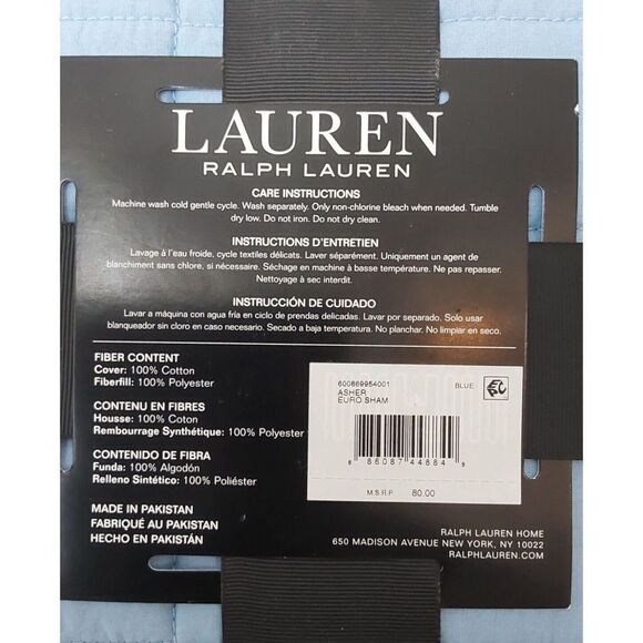 Ralph Lauren ASHER Blue Cotton Poly Fiberfill Quilted European Euro Pillow Sham - Picture 7 of 8